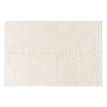 Ecrukleurig geweven tapijt van wol en katoen met grafisch motief 140x200