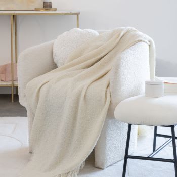Effen beige en witte plaid met franjes 130 x 170 cm