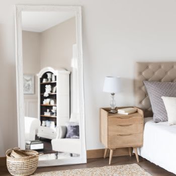 ENZO - Grand miroir rectangulaire à moulures en bois de paulownia blanc 80x190