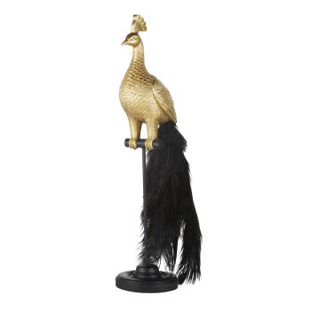 Estatueta de pavão dourada com pé preto e cauda em penas pretas A55