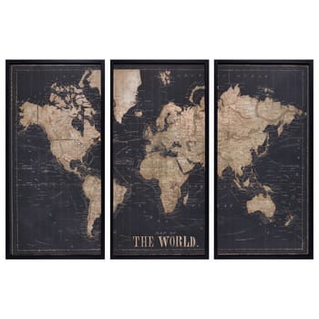 Explore - Cuadro tríptico mapa del mundo negro 180x120