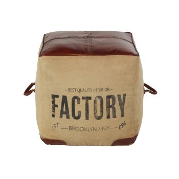 FACTORY - Pouf carré en coton et cuir marron