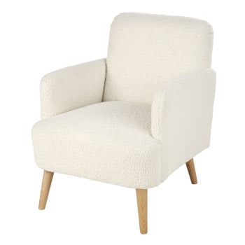 Honey - Fauteuil van witte boucléstof met beukenhouten poten