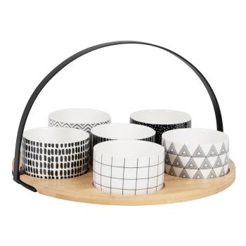 FELIX - Taças de aperitivos em porcelana preta e branca (x6) e tabuleiro em bambu