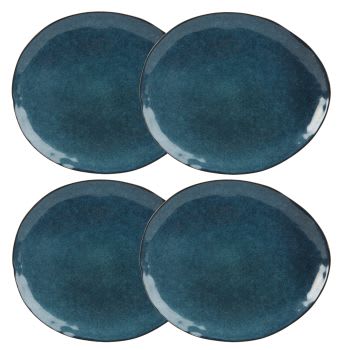 ASIAN BLUE - Set aus 4 - Flacher Teller aus Steinzeug, petrolblau