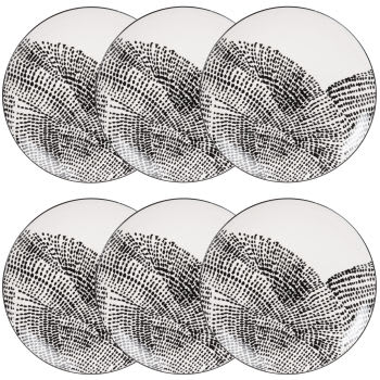 Set aus 6 - Flacher Teller aus weißem Porzellan mit schwarzen Motiven