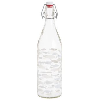 Set aus 2 - Flasche aus Glas mit weißen Fischmotiven, 1L