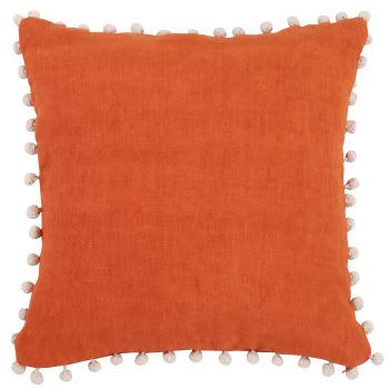 Kassita - Fodera per cuscino in lino e cotone con pompon arancione 40x40 cm