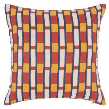 Fodera per cuscino in lino stampato con motivi grafici color senape e terracotta 40x40 cm