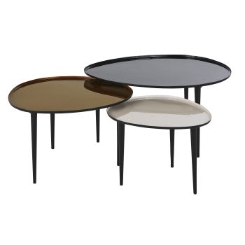 Galet - Tavolini sovrapponibili in metallo nero, bianco sporco e marrone