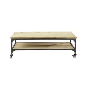 Gallieni - Table basse industrielle à roulettes en bois de sapin et métal
