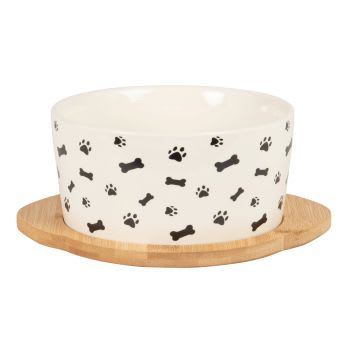 PATOUNE - Gamela para cão em cerâmica branca e preta com suporte em bambu