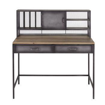 Gamer - Schreibtisch im Industrial-Stil, 1 Tür, 2 Schubladen, Metall und Tannenholz