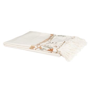 SAUDI - Geweven katoenen deken met grafische print, wit en bruin, 170 x 130 cm