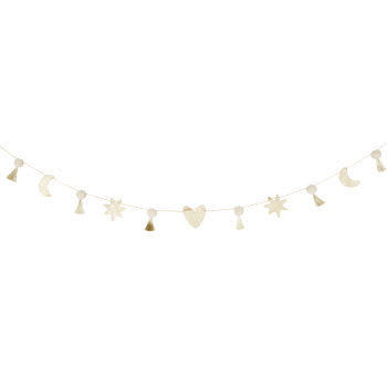 BARSANA - Girlande mit beige- und goldfarbenen Pompons und glitzernden Sternen, Herzen und Monden, L200cm