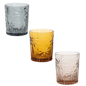 Gläser aus graviertem Glas, Palmenmotiv bunt, Set aus 6, Tablett aus Akazienholz