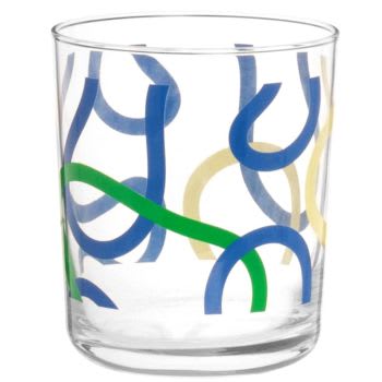 Set aus 6 - Glasbecher mit blaugrüngelbem Grafikmotiv