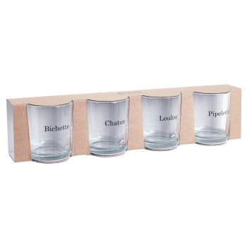 Gläser aus Glas, transparent mit schwarzen Namensschriftzügen, Set aus 4