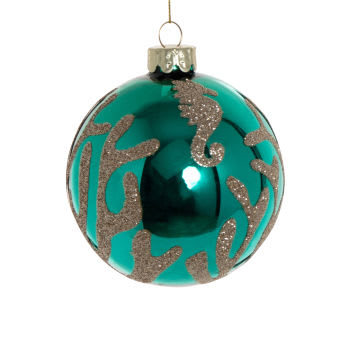 Glazen kerstbal met motief van koraal, groen/goudkleurig