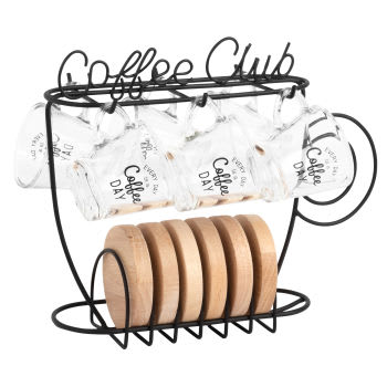 COFFEE CLUB - Glazen koffietassen (x6) met zwarte metalen houder