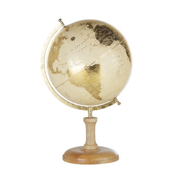 SAINTE-MAXIME - Globe terrestre carte du monde beige et dorée pied en bois de manguier