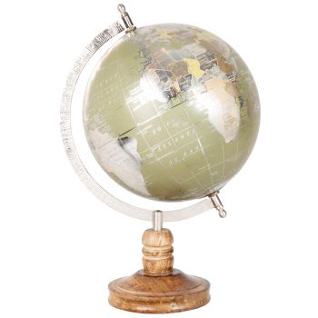 NIWA - Globus aus Mangoholz mit silberner und khakigrüner Weltkarte