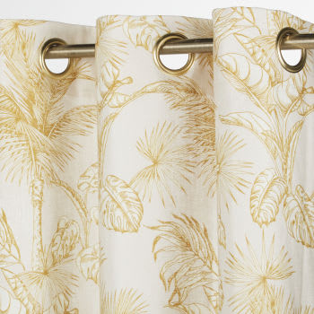 BARAGUA - Gordijn van gewassen linnen, met clipringen en bladerprint, ecru/goudkleurig, per stuk, 130 x 300 cm