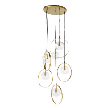 Goudkleurige metalen hanglamp met 6 glazen bollen