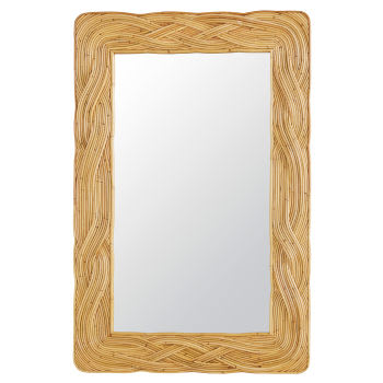 Miroir Mural Décoratif Rond en Rotin avec Cadre en Bambou - Beige