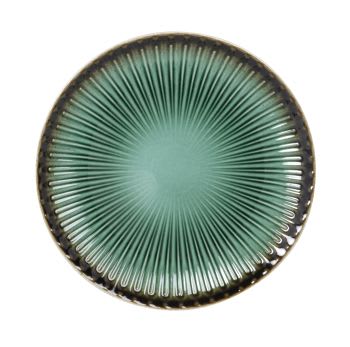 Set of 4 - Green textured stoneware dessert plate with brown edging