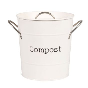 Grijze compostbak met zwarte letters