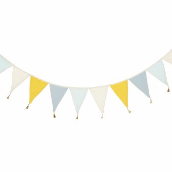 ANOUK - Grinalda com bandeirolas lisas multicolores em gaze de algodão com viés e pompons dourados C210