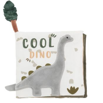 Groen, beige en bruin babyspeelboekje met dinosaurus
