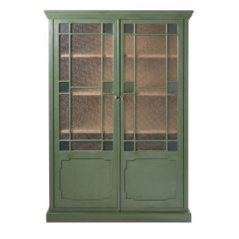 Magdalena - Groene vitrinekast met 2 deuren van massief acaciahout en granietachtig glas
