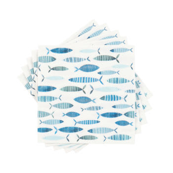 Lote de 4 - Guardanapos em papel branco com motivos de peixes em azul (x20)