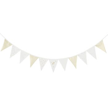 Guirnalda con banderines de algodón estampado en blanco y dorado, L. 200