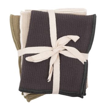 BEDOIN - Handdoeken met honingraat van katoen (x3) - grijs/ecru/kakigroen - 30 x 50 cm