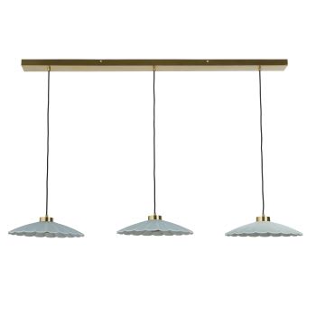 GUILIA - Hanglamp van beukenhout met drie metalen lampenkappen, blauw