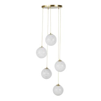 MANA - Hanglamp van metaal met vijf bollen van wit gespikkeld glas en verguld metaal