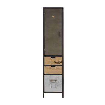 Harvey - Meuble colonne de salle de bains 1 porte 2 tiroirs en métal noir et gris anthracite et sapin
