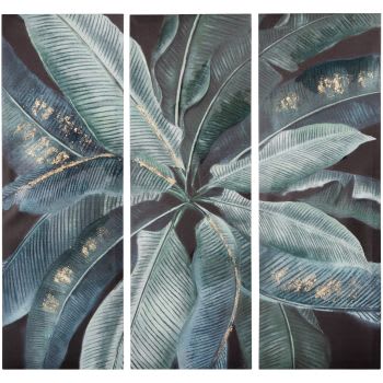 HELENA - Triptychon mit Pflanzenmotiv, schwarz, grün und goldfarben, 78x75cm