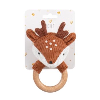 MIMIZAN - Hochet bébé faon en coton tricoté orange et marron