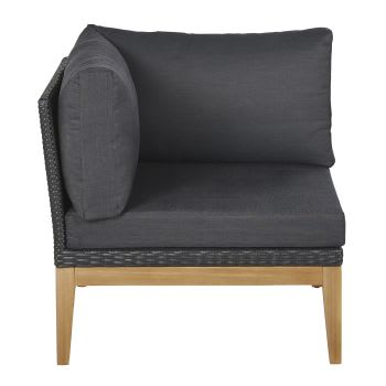 Honorat - Módulo esquinero para sofá de jardín modulable de resina trenzada gris antracita y madera de acacia maciza