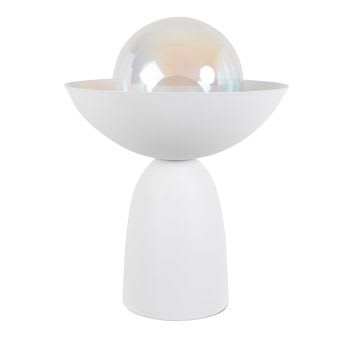 Horace - Lampe aus weißem Metall mit Kuppel und Kugelschirm aus irisierendem Glas