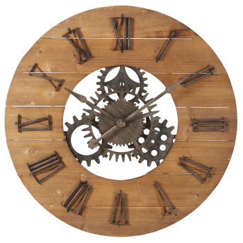 Scott - Horloge murale à rouages en sapin et métal noir D89