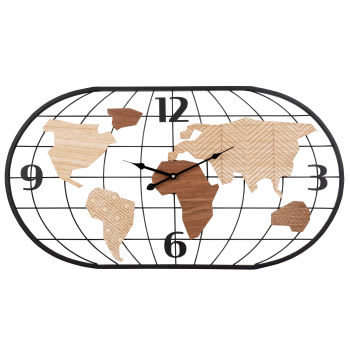 DURBAN - Horloge murale carte du monde filaire noire et marron 81x44
