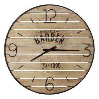 BARBER - Horloge murale lattes en sapin imprimé et métal noir D95