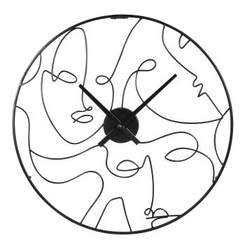 EUGENE - Horloge murale ronde visages abstraits en métal noir D50