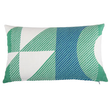 AVINTES - Housse de coussin en coton motifs graphiques imprimé avec broderie vert sauge et bleu 50x30
