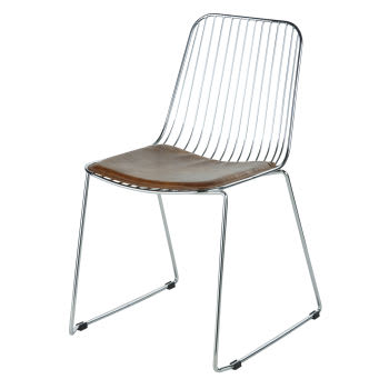 Huppy - Chaise en métal chromé et coussin marron effet cuir vieilli